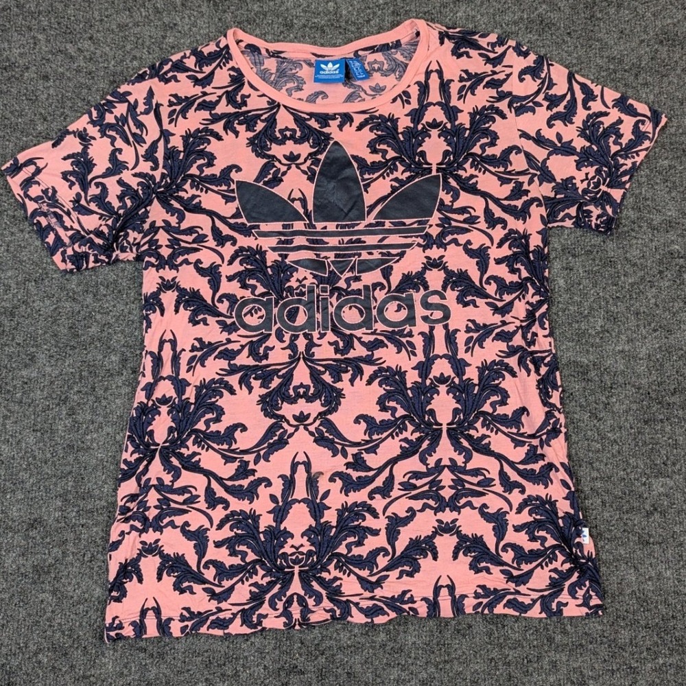 Adidas Originals Women Pink Navy Baroque Damask Trefoil Logo‎ T-Shirt XS AX6007